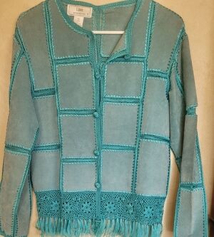 Teal Crochet and Suede Jacket  Bohemian Style